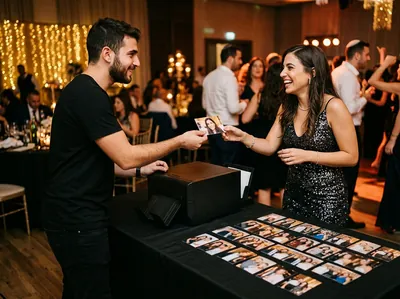 עמדת הדפסת מגנטים באירוע — מדפסת טרמית מוציאה מגנט מודפס ליד אורחת מחייכת